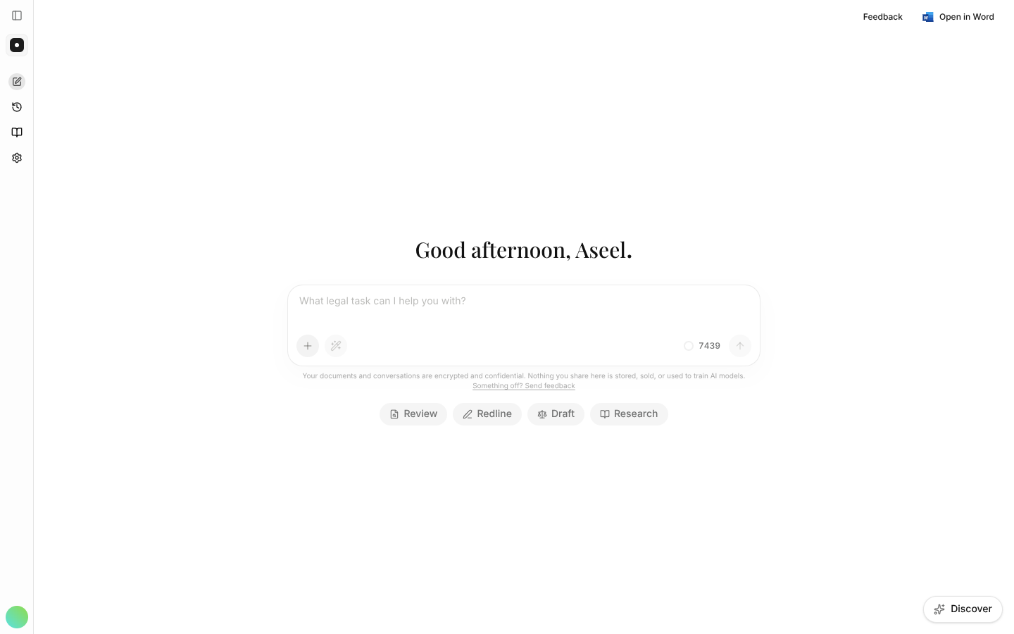 The instaSpace assistant — your workspace for reviewing, redlining, drafting and researching.