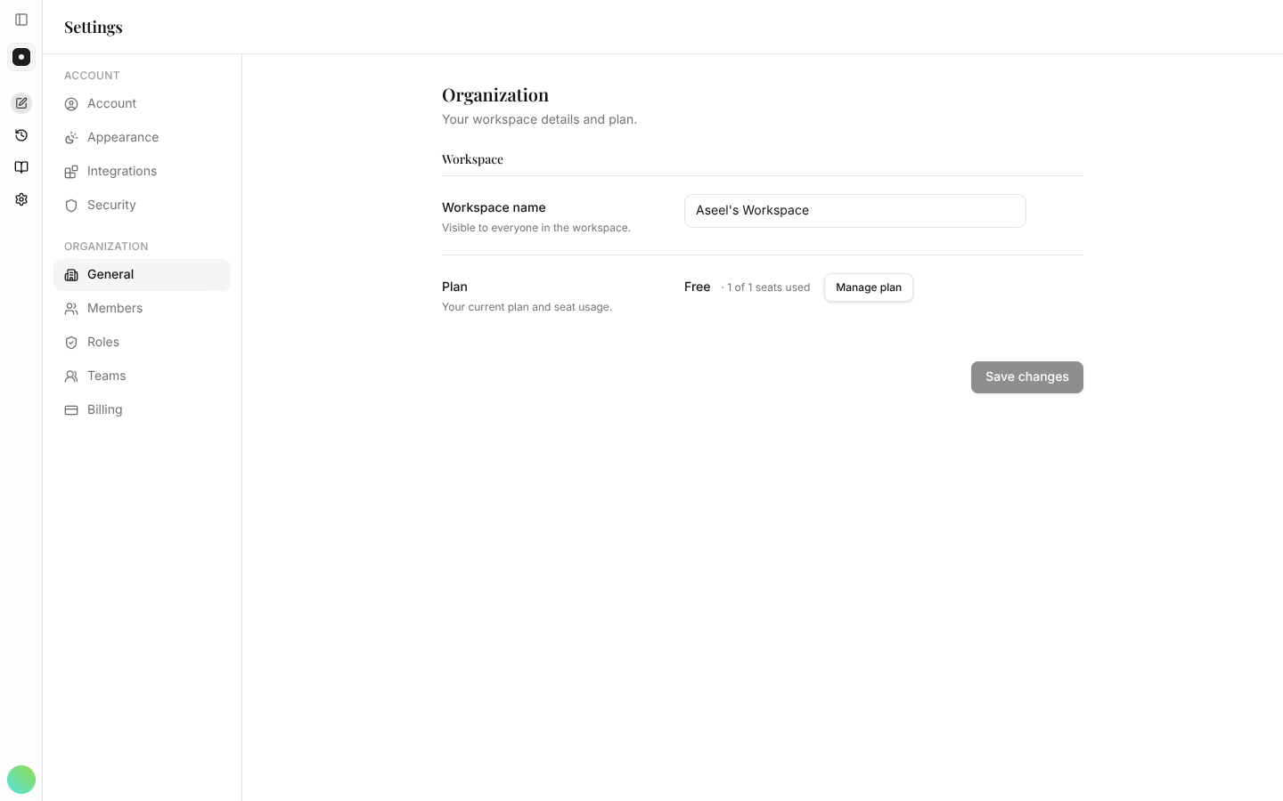 The Organization → General settings page showing the workspace name, current plan and seat usage.