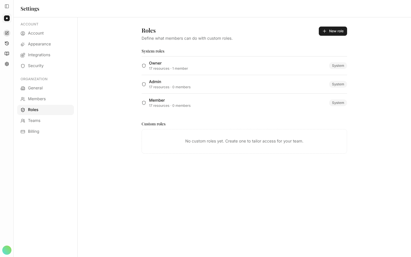 The Roles page showing built-in roles and their permissions.