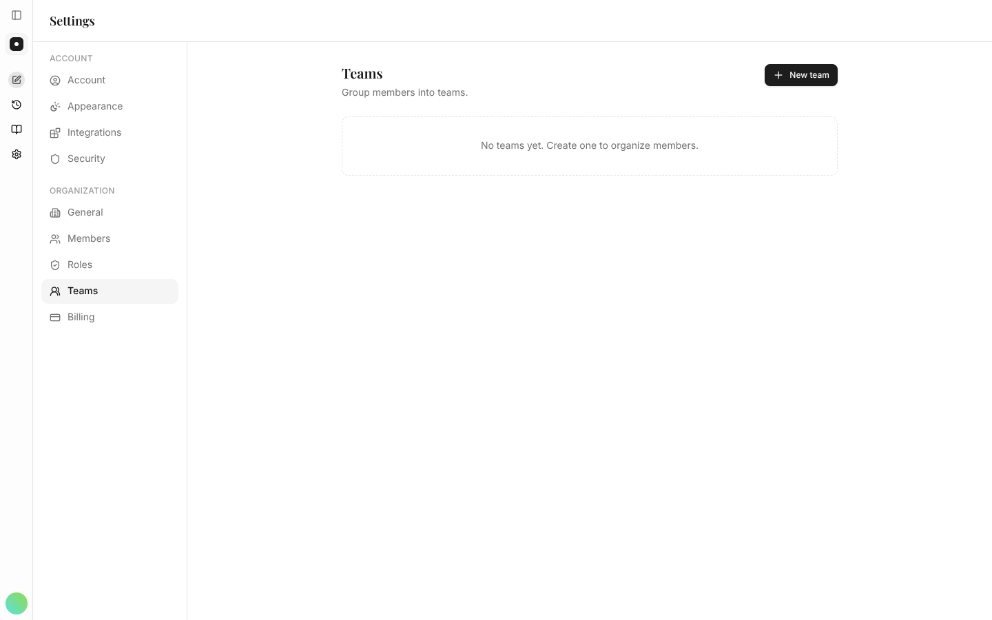 The Teams page for creating teams and assigning members.