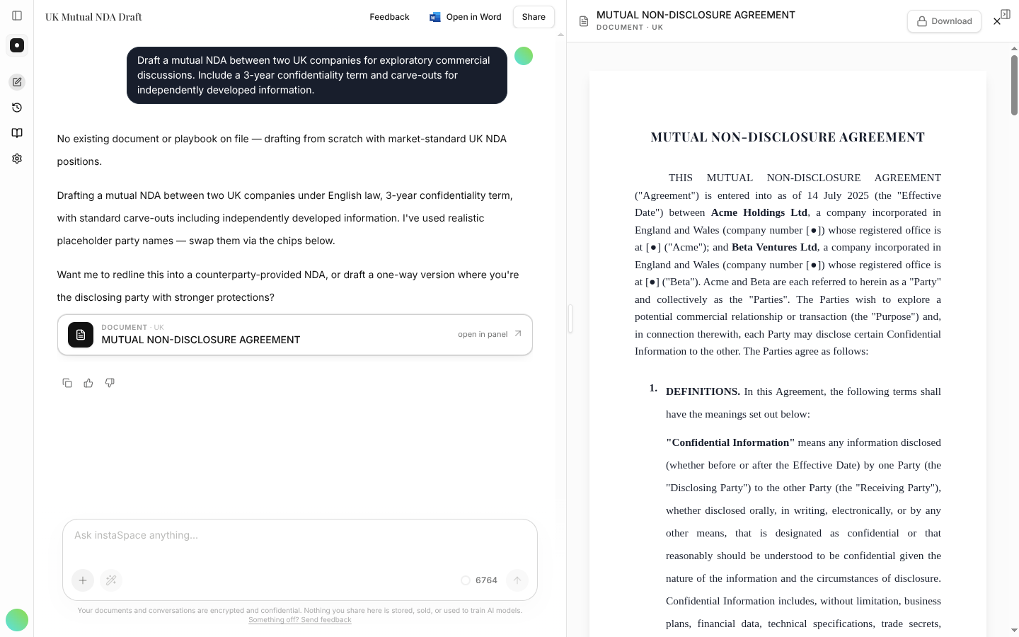 A generated mutual non-disclosure agreement in the document panel, formatted with defined terms, numbered clauses and a Download button.