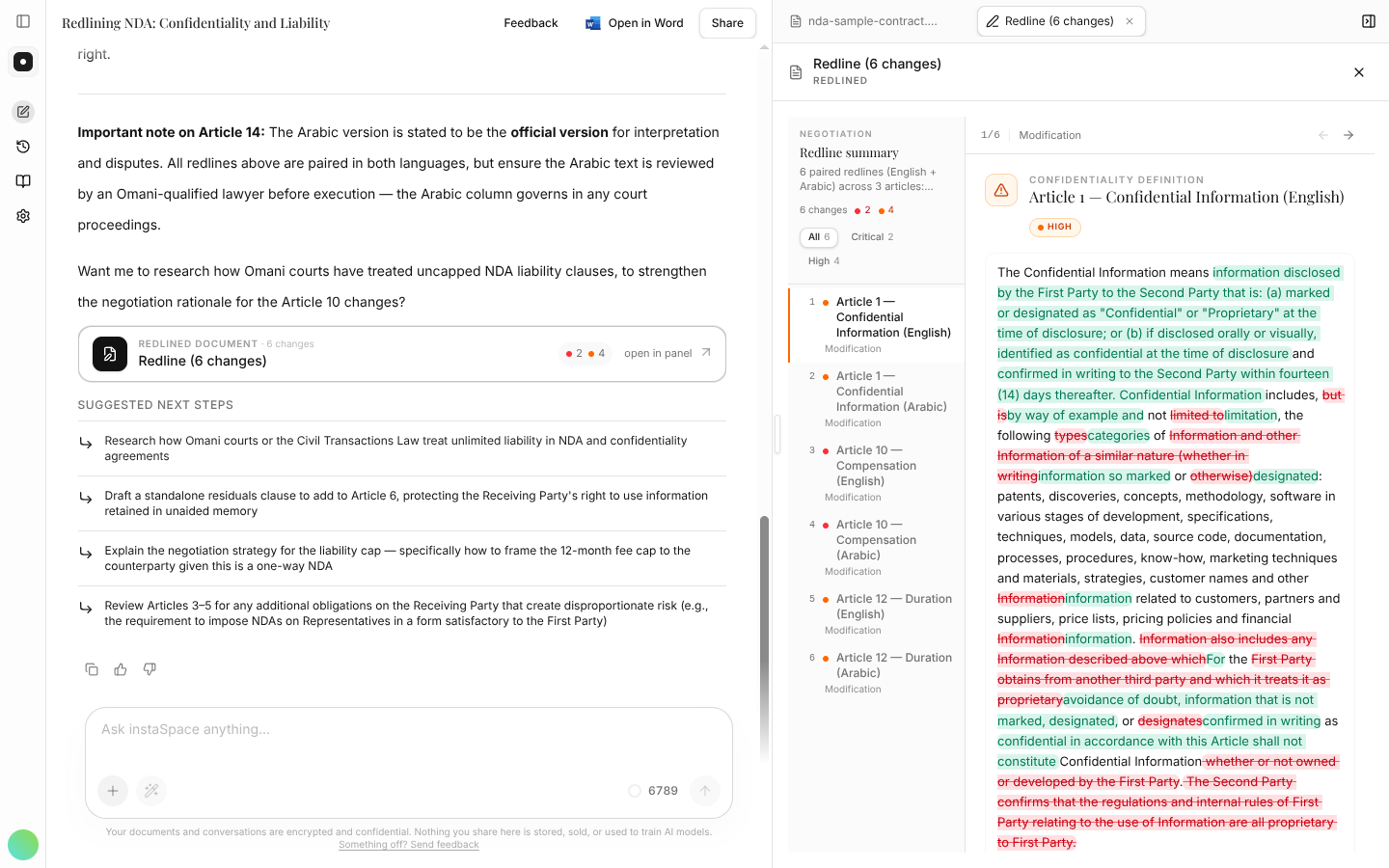 The redline view: tracked additions and deletions on the contract, with a navigator listing all the proposed changes.