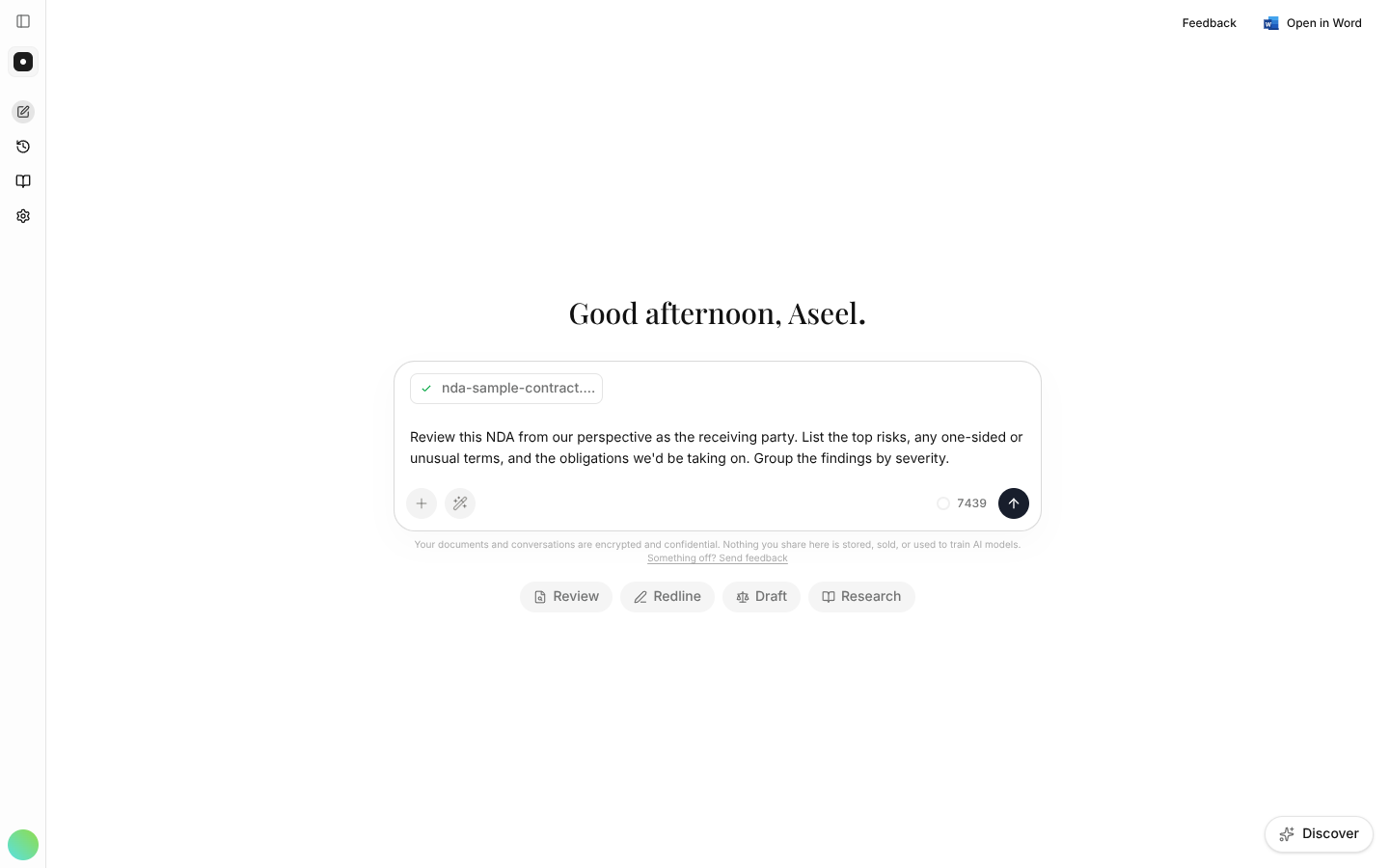 The sample NDA attached to the chat with a detailed, perspective-led review prompt typed in.