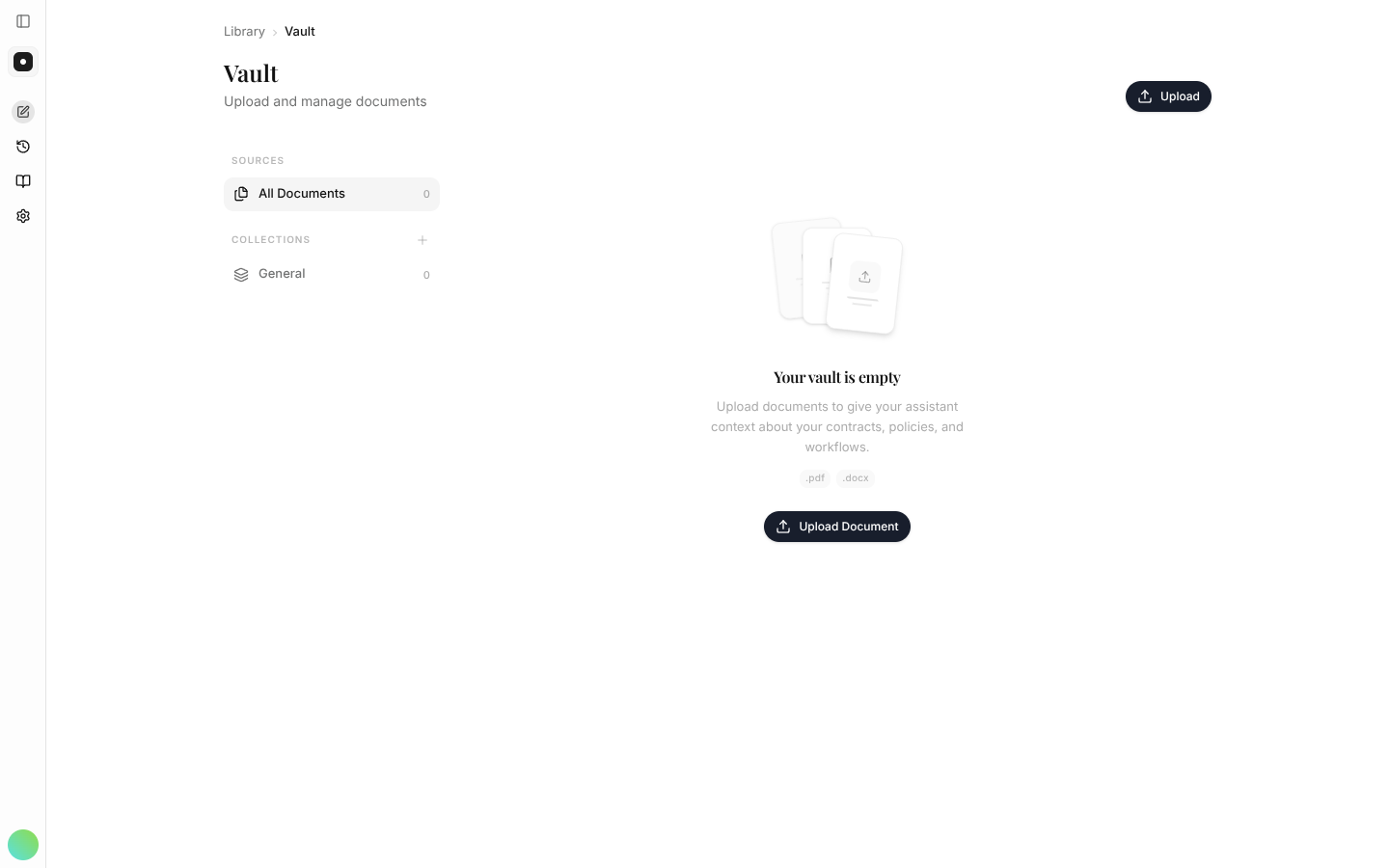 The Vault page showing stored documents and organization options.