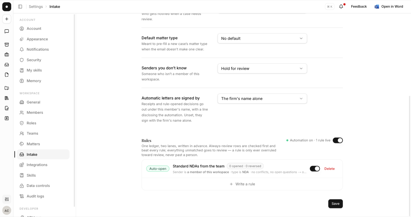 Settings → Intake → Rules, showing the always-review lane above the auto-open lane.