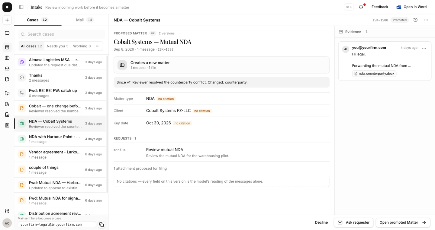 An intake case's Proposal tab, with the outcome card, cited fields and the conflicts panel.