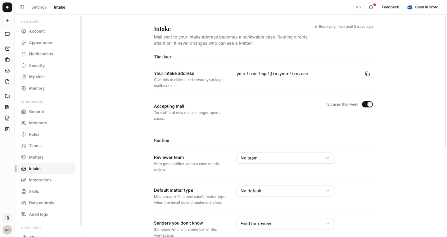 Settings → Intake, showing the intake address, the accepting-mail switch and the routing options.