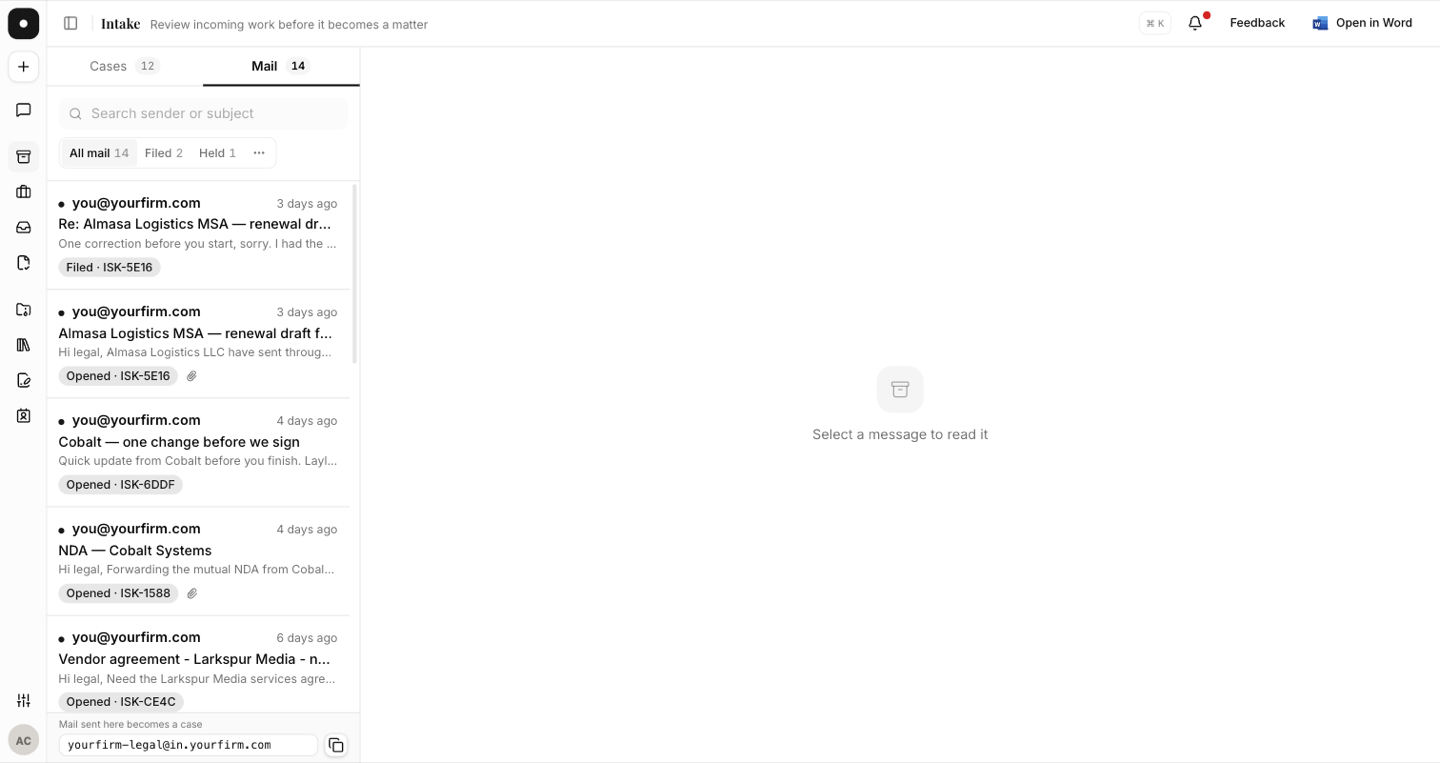 The Mail tab listing every email to the intake address with its outcome chip.