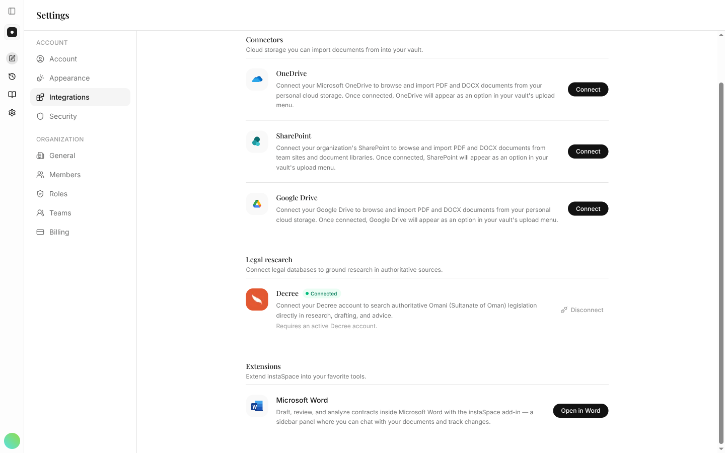 The Connectors section of Integrations showing OneDrive, SharePoint and Google Drive, each with a Connect button.