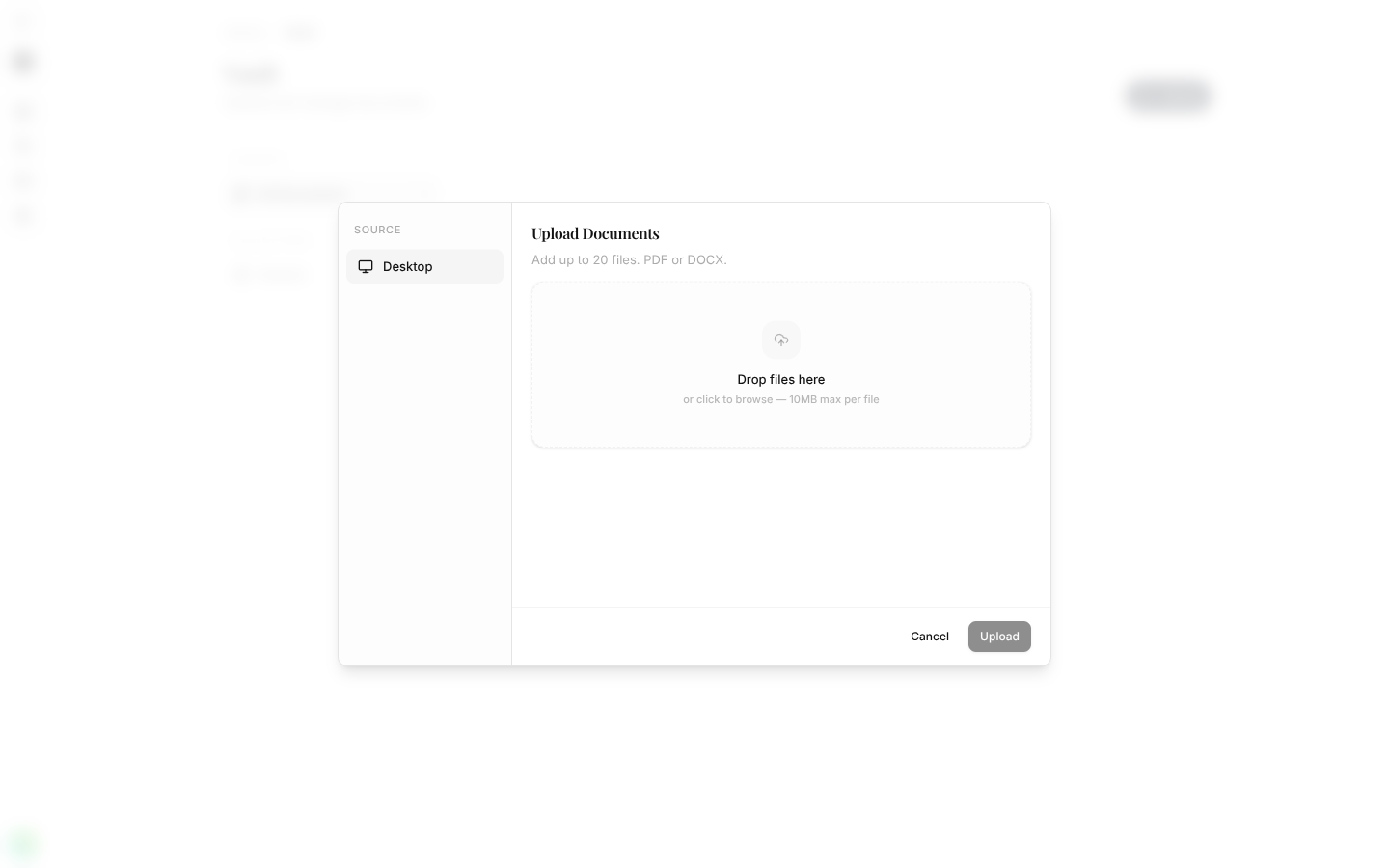 The Vault upload dialog with a Source panel; connected cloud providers appear here beside Desktop.