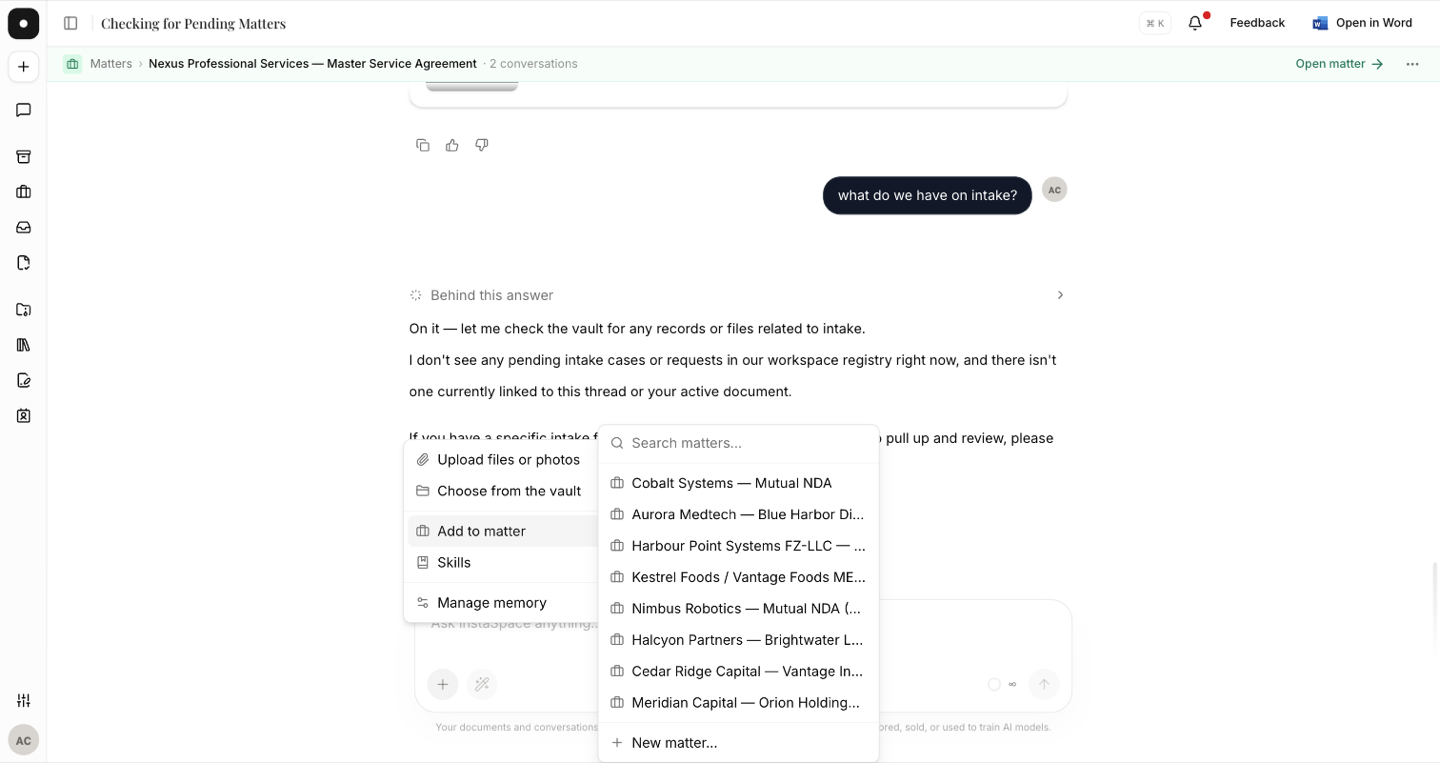 The composer's plus menu, open on Add to matter, listing the workspace's open matters.