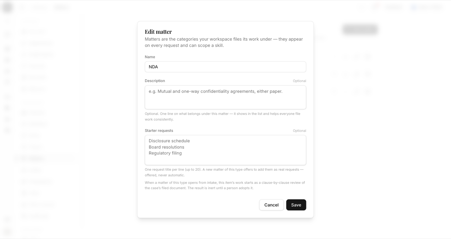 The matter type editor — name, description, and the starter requests field.