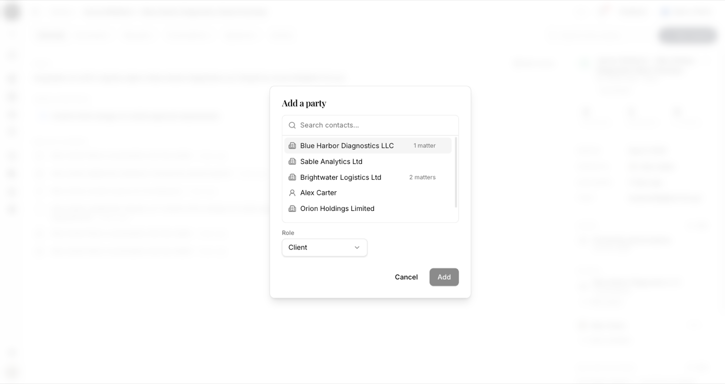 Adding a party to a matter — contacts matched from the directory, with a role picker.