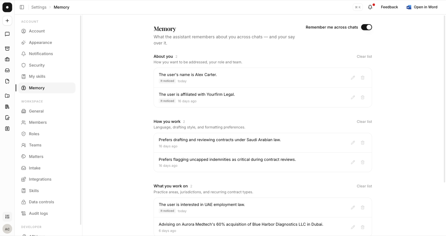Settings → Memory with the three lists: About you, How you work, What you work on.