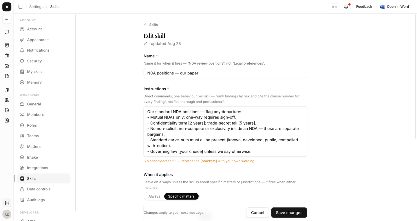 The skill editor showing name, instructions, and the 'When it applies' scope control.