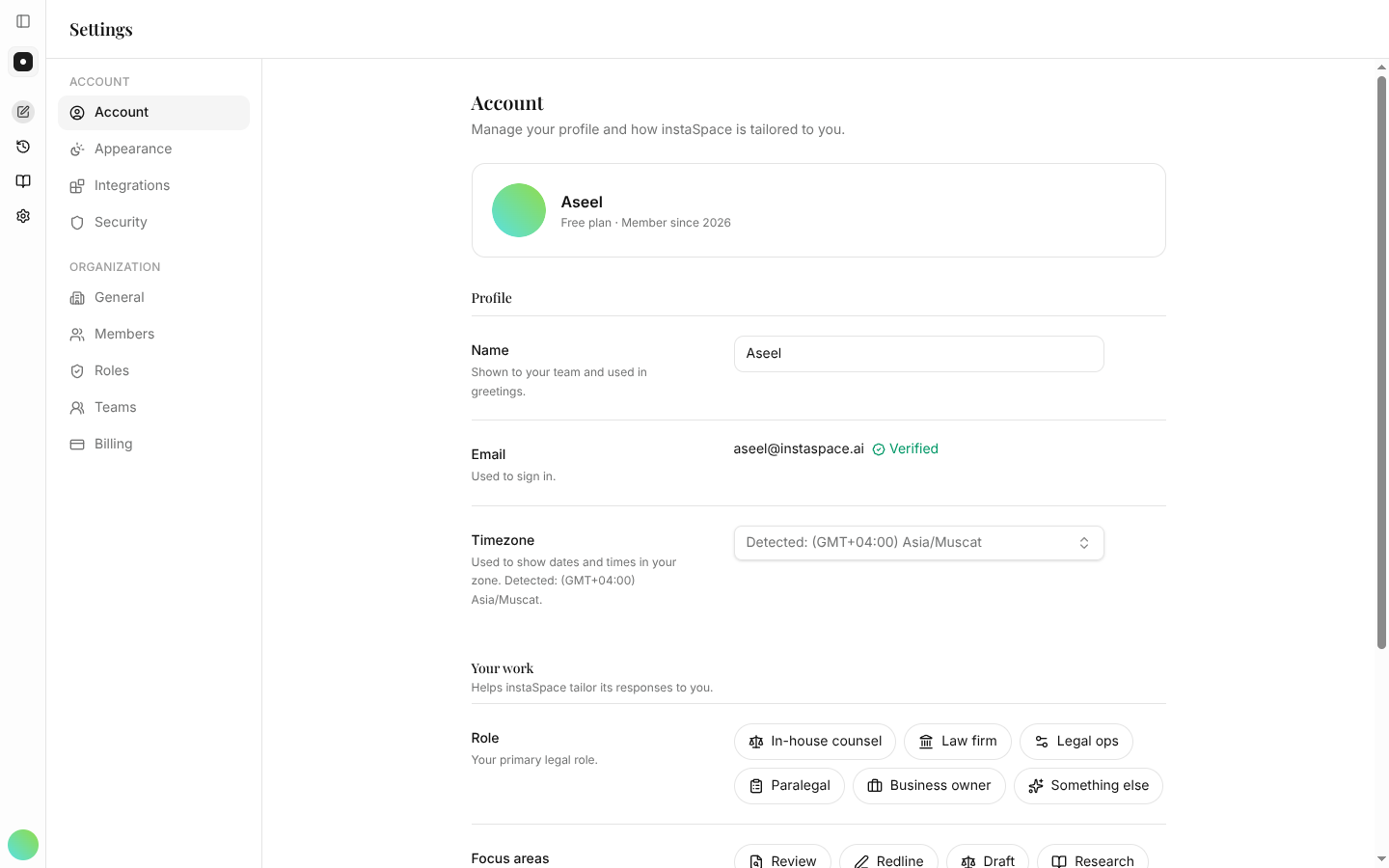 The Account settings page, where the role and focus areas chosen during setup can be changed.
