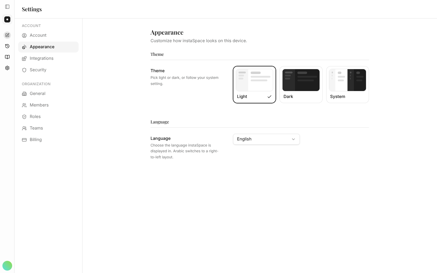 The Appearance settings page with theme and language options.