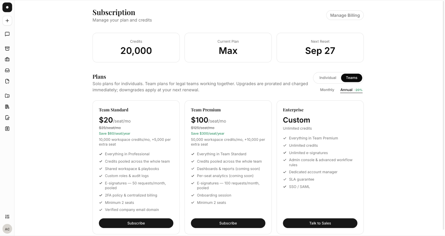The Teams tab of the subscription page showing Team Standard, Team Premium and Enterprise, priced per seat.