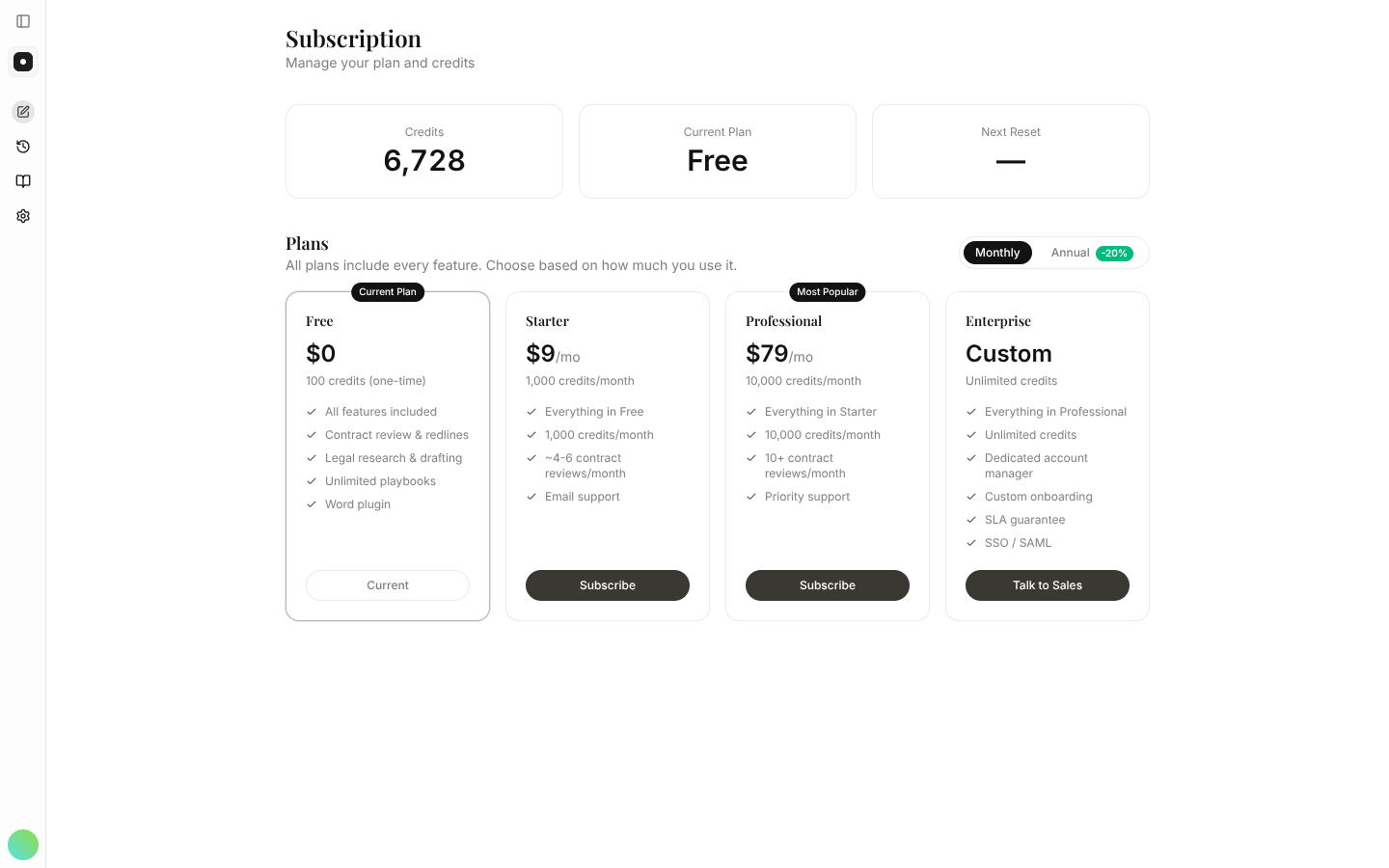 The subscription page showing the current plan, credit balance, and the Free, Starter, Professional and Enterprise plans.