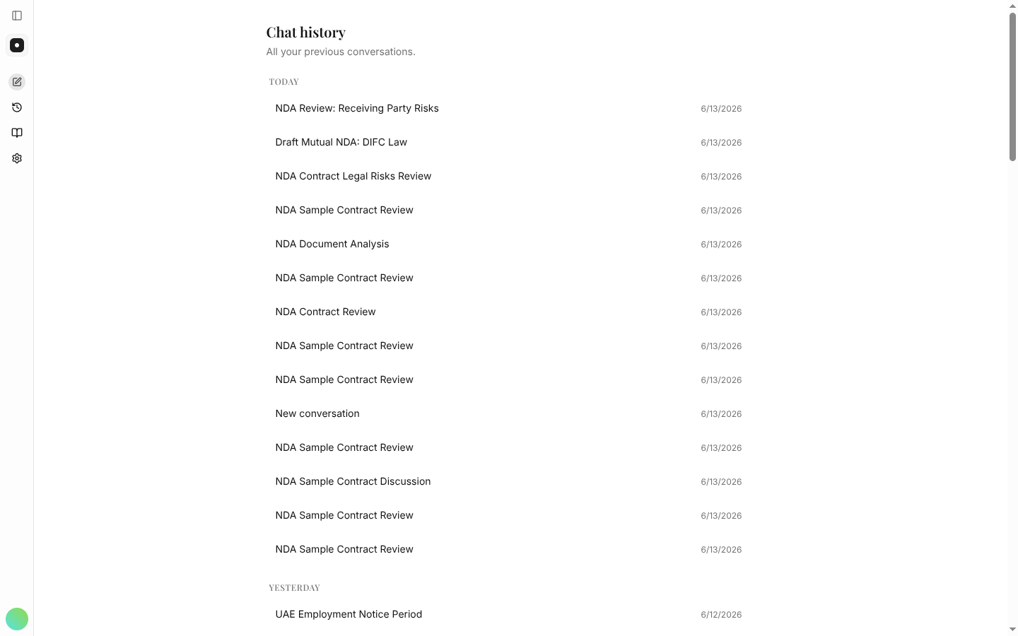 The History page listing past conversations grouped by date.
