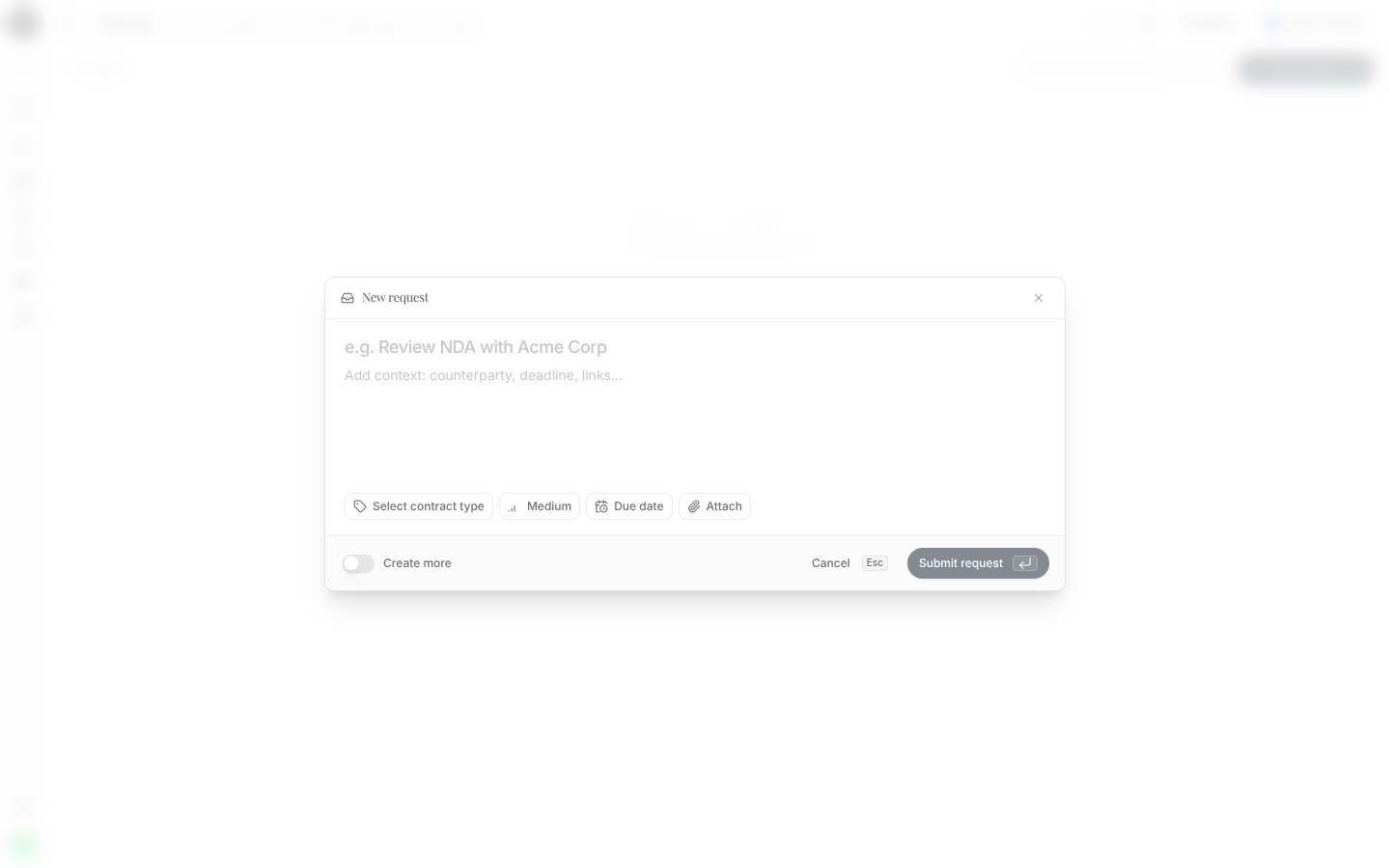 The New request dialog with title, description, contract type, priority, due date and attach controls.