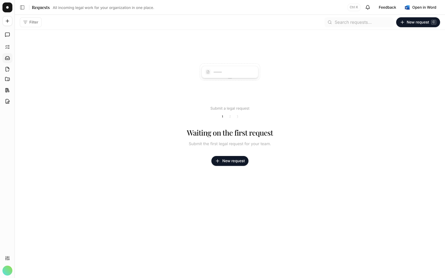 The Requests page before any request exists, showing the three-step walkthrough.