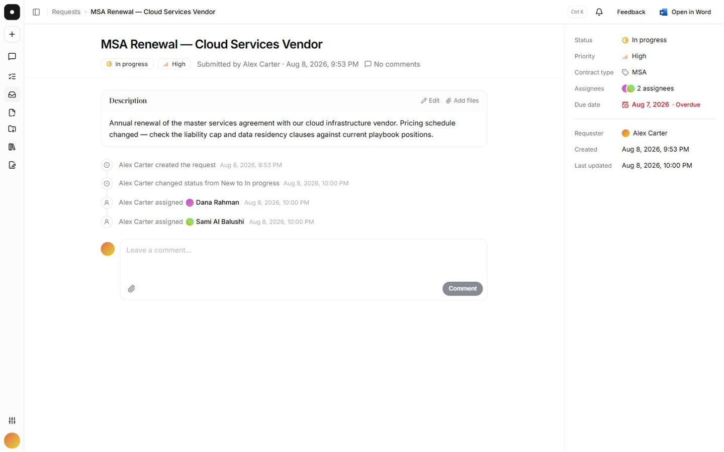 A request page with its description, timeline and triage sidebar.