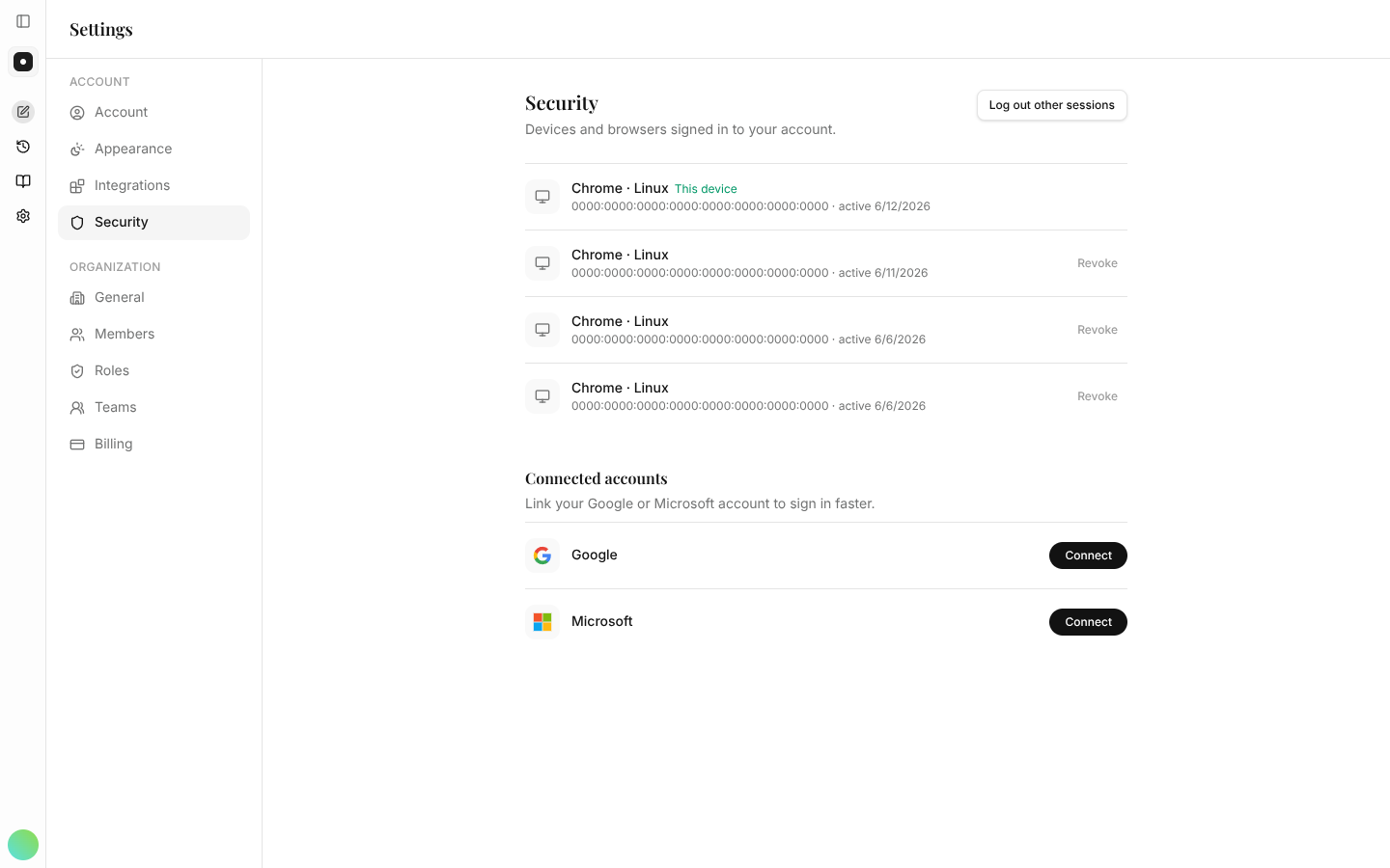 The Security settings page listing active sessions and connected accounts.