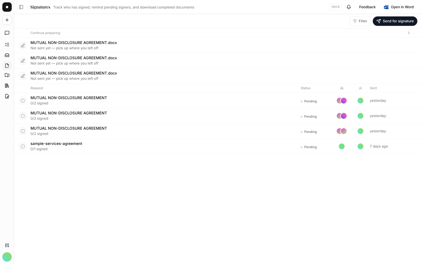The Signatures page listing drafts to continue and sent requests with their signing progress.