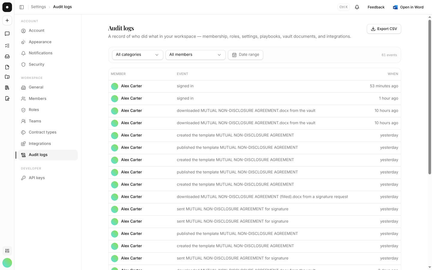 The Audit logs page with category, member and date filters, an event list and a CSV export.