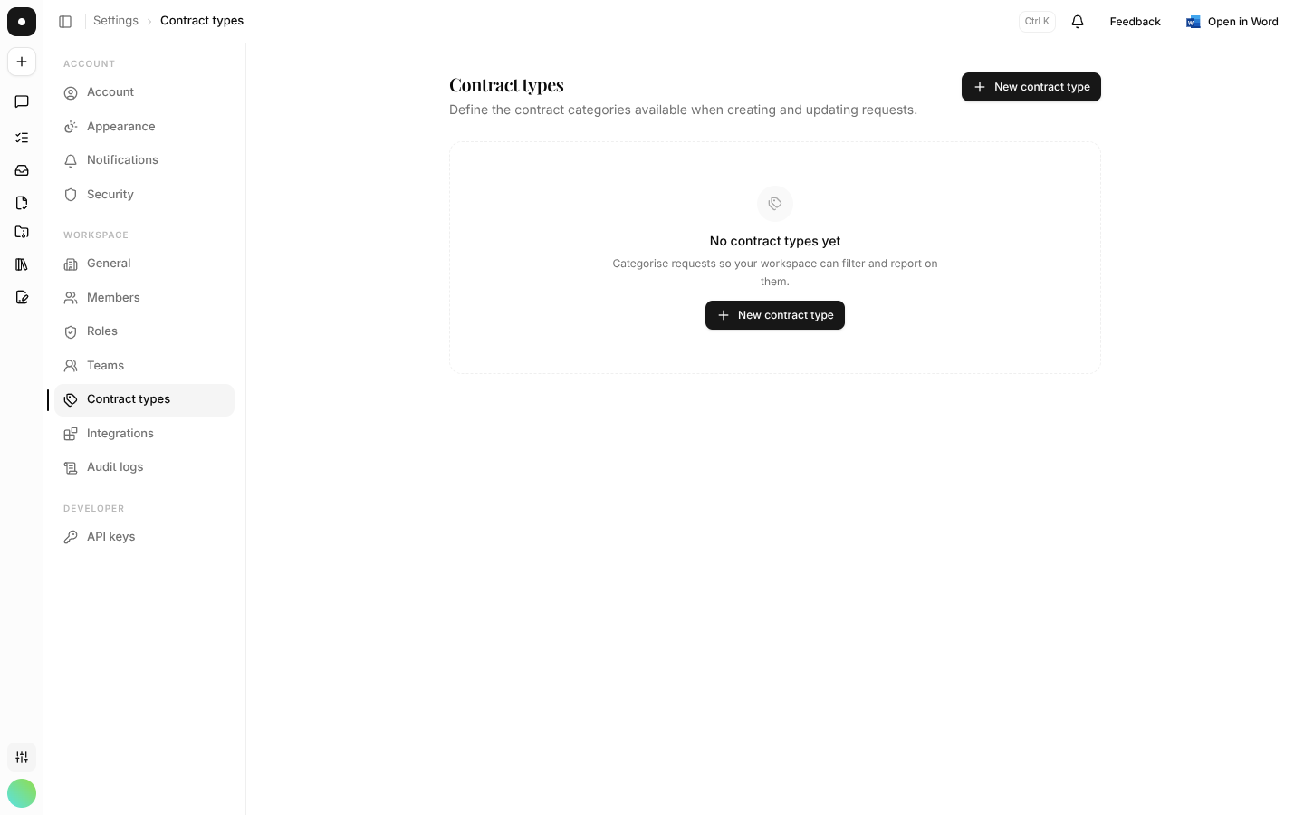 The Contract types settings page.
