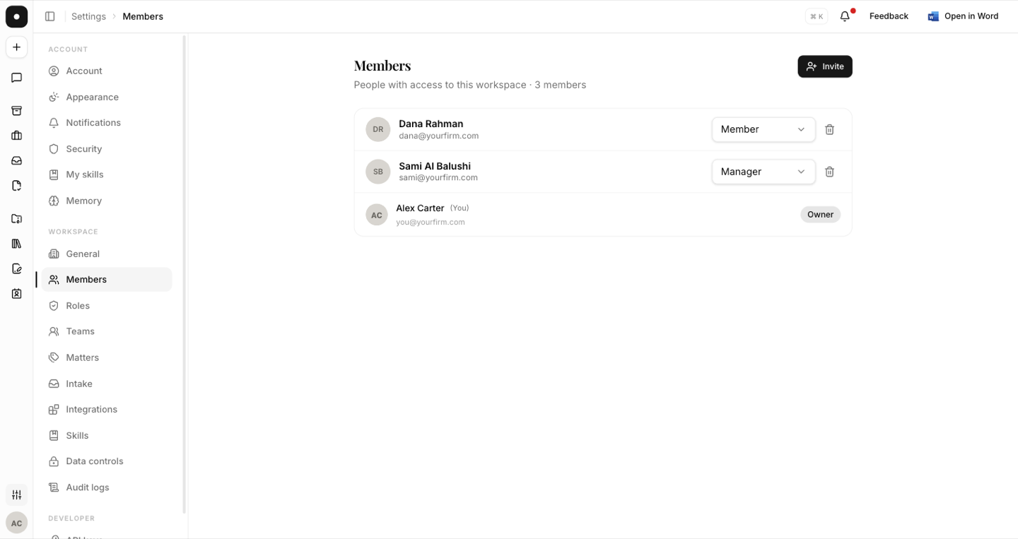 The Members page listing workspace members with their roles and the seats in use.