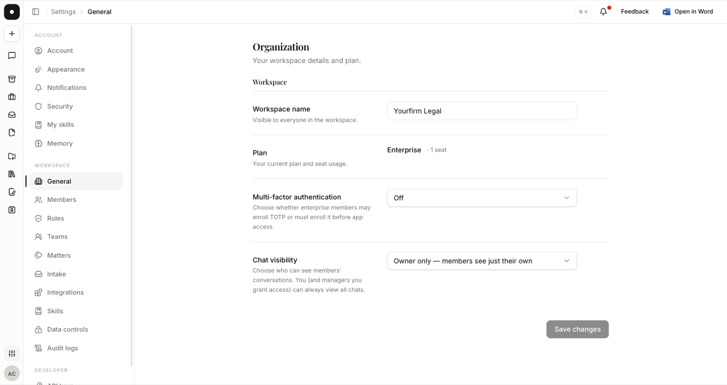 The Organization → General settings page showing the workspace name, current plan and seat usage.