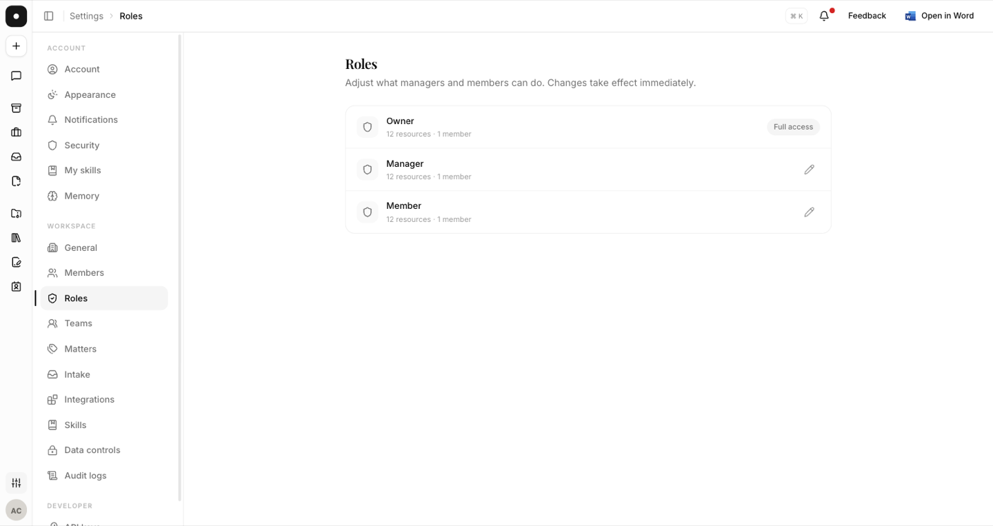 The Roles page showing built-in roles and their permissions.