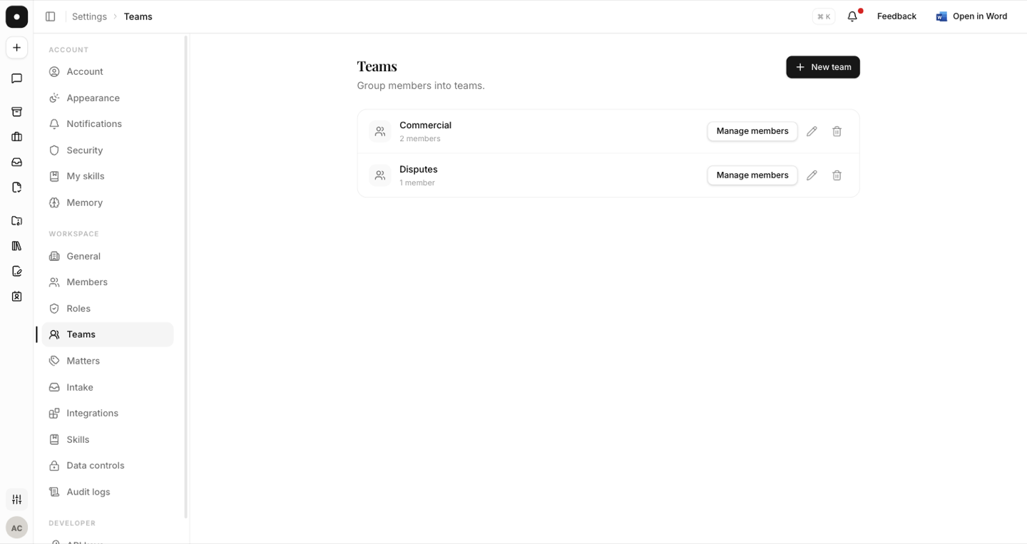 The Teams page in settings, explaining that teams let you assign requests and mention a whole team at once.