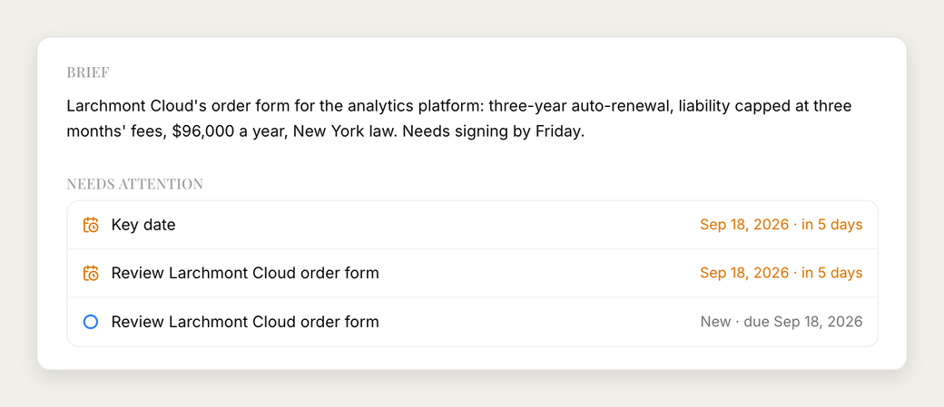 A matter's brief and its Needs attention list, with the Friday deadline marked in five days.
