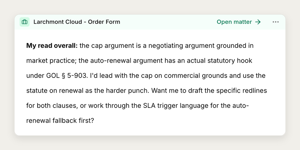 The assistant's view on the liability cap and auto-renewal, in a conversation filed under the Larchmont Cloud matter.